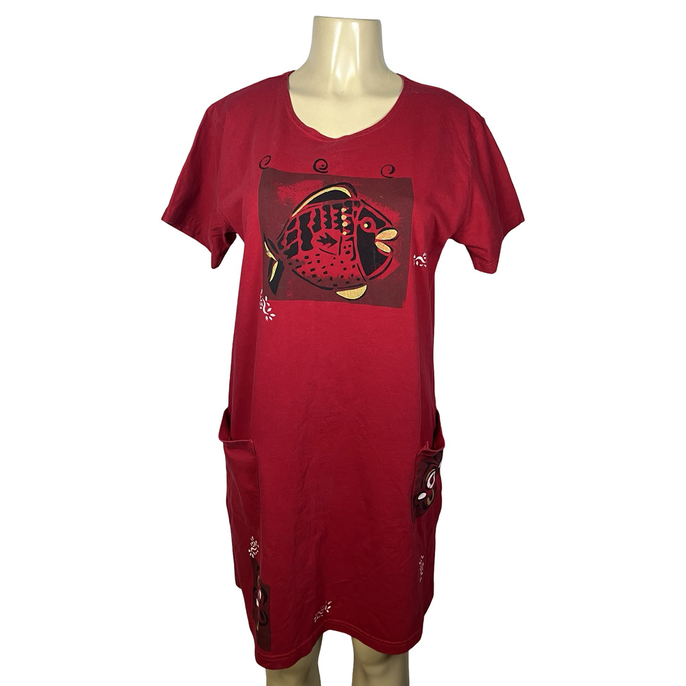 Crazy Fish T-Shirt Dress Womens One Size Red Cotton Nautical Graphic Pockets USA
